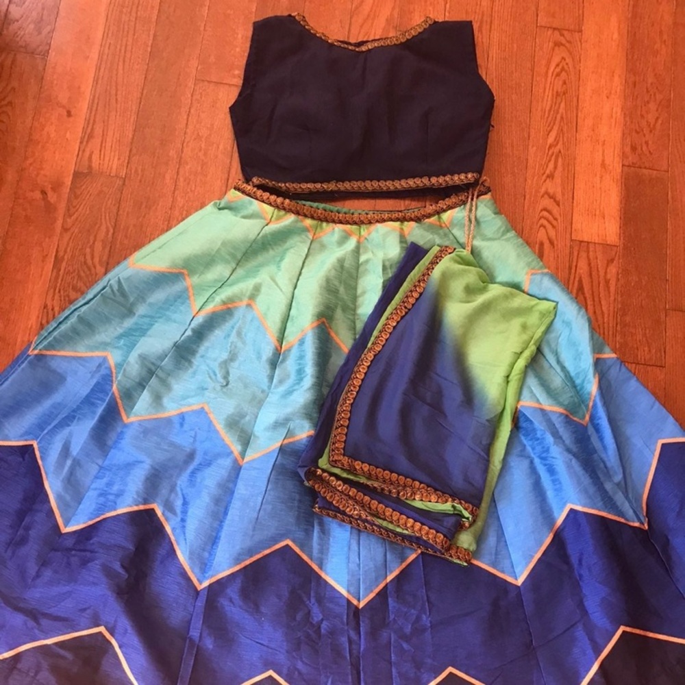 Navy and Teal Ombre Lehenga Set with Gold Trim